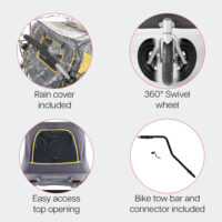 Features of the InnoPet Hercules 2.0 dog bike trailer ar a top opening, rain cover, bike tow bar and bicycle connector