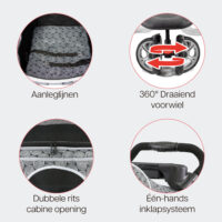 Kenmerken van de InnoPet Allure Onyx zijn onder meer veiligheidskoorden, een mechanisme om met één hand op te vouwen en een dubbele ritssluiting.