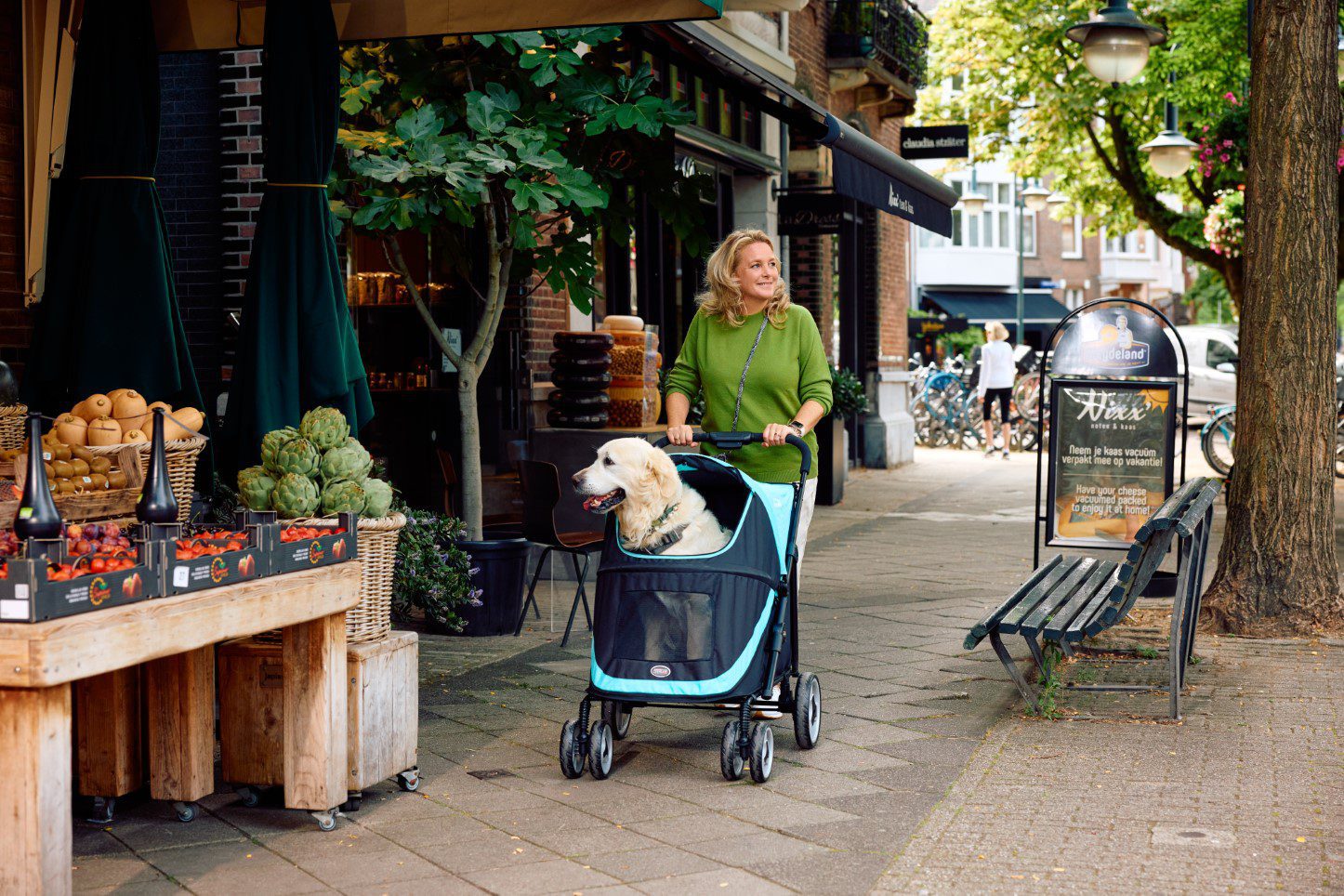 en_innopet-hondentrailer-labrador-winkelen-vrouw-buiten