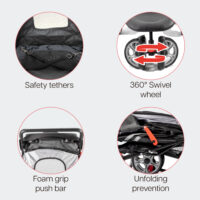 Features of the InnoPet All Terrain, such as a swiveling front wheel and safety tethers