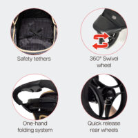 Features of the InnoPet Adventure include safety tethers, easy release wheels and one-hand-folding system