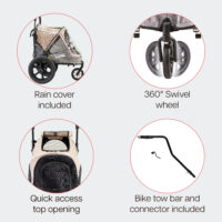Features of the InnoPet Evoluton bik trailer for dogs include the bike tow bar and bike connector, top opening and rain cover