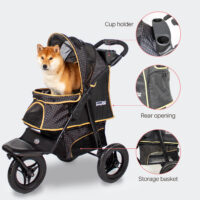 Features of the innopet adventure include a rear opening, cup holder and shopping basket