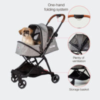 Features of the Innopet City Buggy cat buggy include the faux leather push bar, storage basket and ventilation mesh.