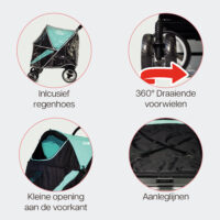Kenmerken van de InnoPet Mamut zijn onder meer veiligheidskoorden, een regenhoes en een volledig open luifel.
