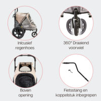 Enkele kenmerken van de InnoPet Evolution fietskar voor honden zijn de fietskoppeling en fietsstang, opening aan de bovenkant en regenhoes.