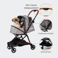 Kenmerken van de innopet city buggy kattenbuggy zijn de kunstlederen duwstang, opbergmand en ventialtiegaas