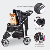 Kenmerken van de InnoPet Monaco hondenbuggy zijn het eenhandig opvouwbare systeem, de afneembare boodschappenmand en het bekerrekje.