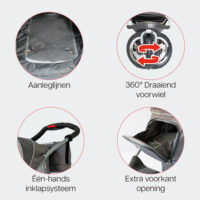 Kenmerken van de InnoPet Comfort Air Grijs zijn onder andere veiligheidsriemen, een opening aan de voorkant voor teckels en een systeem waarmee de wagen met één hand kan worden ingeklapt.