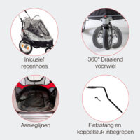 Kenmerken van de InnoPet Sporty Dog trailer deluxe zijn onder andere een fietsstang en fietsbevestiging, regenhoes en veiligheidslijnen.