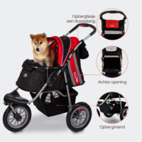 Kenmerken van de InnoPet Comfort EFA Red zijn onder meer een opbergmand, een achterklep en een tas die aan de duwstang hangt.