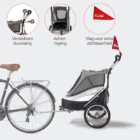Kenmerken van de InnoPet Sporty Dog Trailer Deluxe zwart grijs zijn een vlag voor zichtbaarheid, een verstelbare duwstang en een achteropening.
