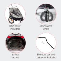 Features of the InnoPet Sporty Dog trailer deluxe include a bike tow bar and bike connector, rain cover and safety tethers