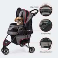 Features of the InnoPet Avenue grey red dog trolley include a spacious storage basket with zip, cup holder and easy folding system.