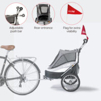 Features of the InnoPet Sporty Dog Trailer Deluxe Black grey include a flag for visibility, adjustable push bar and rear opening