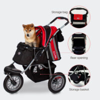 Features of the InnoPet Comfort EFA Red include a storage basket, rear opening and bag that hangs from the push bar
