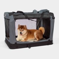 Travel bench folds flat and can easily fit a shiba inu dog. Soft crate.