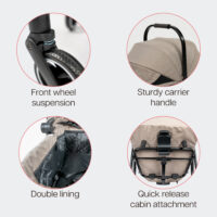 Features of the InnoPet Nomad include a sturdy carrier handle, double removable lining and easy attachment of the cabin onto the frame