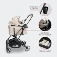 Features of the InnoPet Nomad pet stroller include a removable cup holder, attachment for car seat belt to use the carrier as a car crate for your cat or small dog