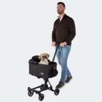 Dog stroller with removable basket for small dog, shih tzu pushed by its owner in the InnoPet City Hopper