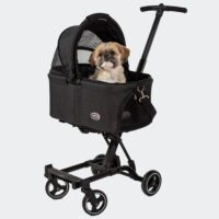 Dog stroller with removable basket for small dog, shih tzu pushed by its owner in the InnoPet City Hopper