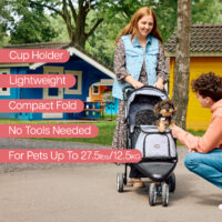 Features of the Innopet City Buggy cat carrier include a faux leather push bar, storage basket and ventilation mesh.