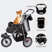 Features of the InnoPet Comfort EFA Black grey include a storage basket, rear opening and bag that hangs from the push bar