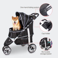 Features of the InnoPet Monaco dog pram are one-hand-folding system, removable shopping basket and cup tray
