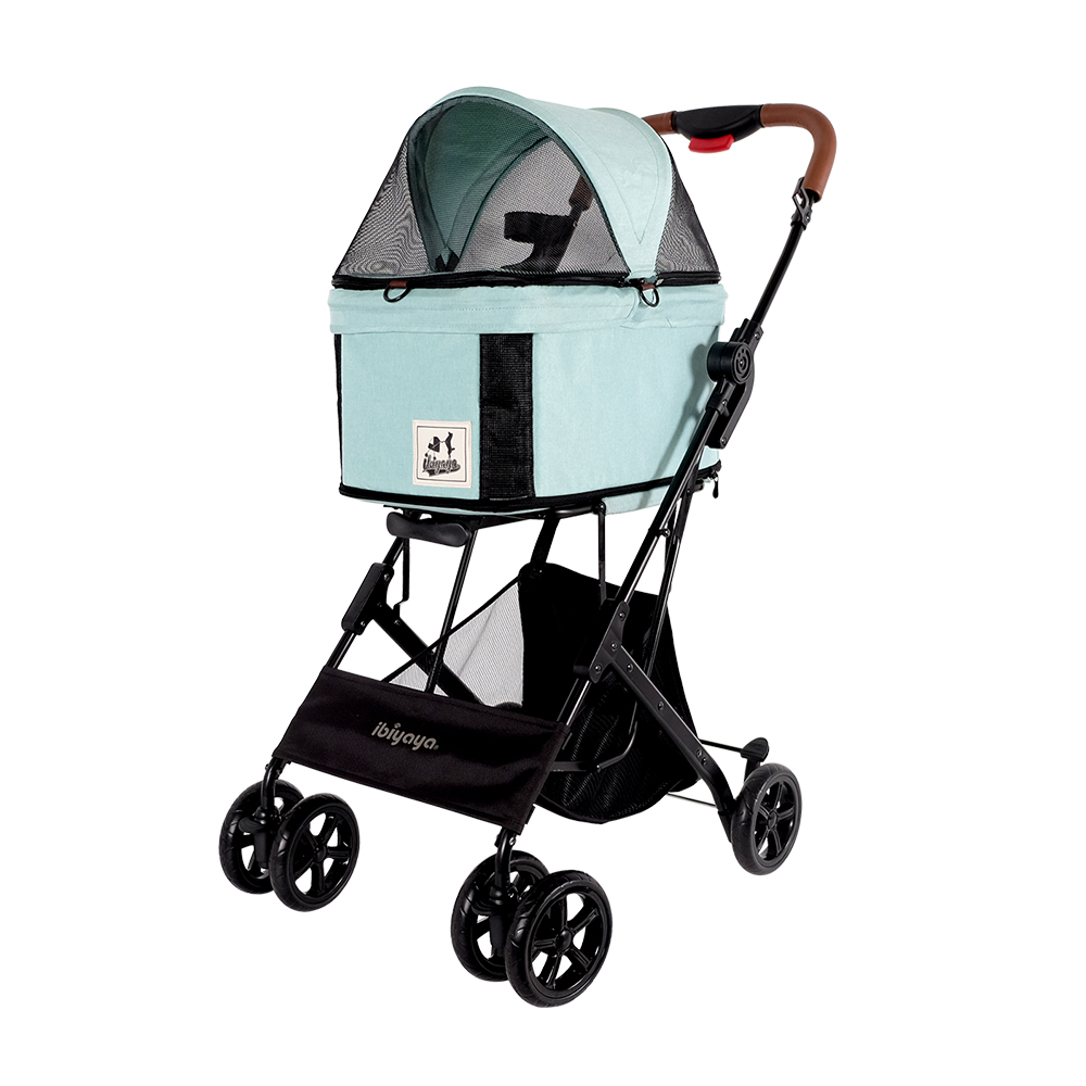 Ibiyaya Travois Tri-Fold dog Stroller in colour light blue. Compactly folding pet stroller with cabin that can be used as pet car seat.