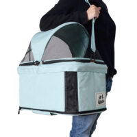 Ibiyaya Travois Tri-Fold dog Stroller in colour light blue. Compactly folding pet stroller with cabin that can be used as pet car seat.