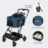 Features of the InnoPet 2in1 compact dog buggy and cat carrier include a cup holder and straps for securing the cabin in the car.